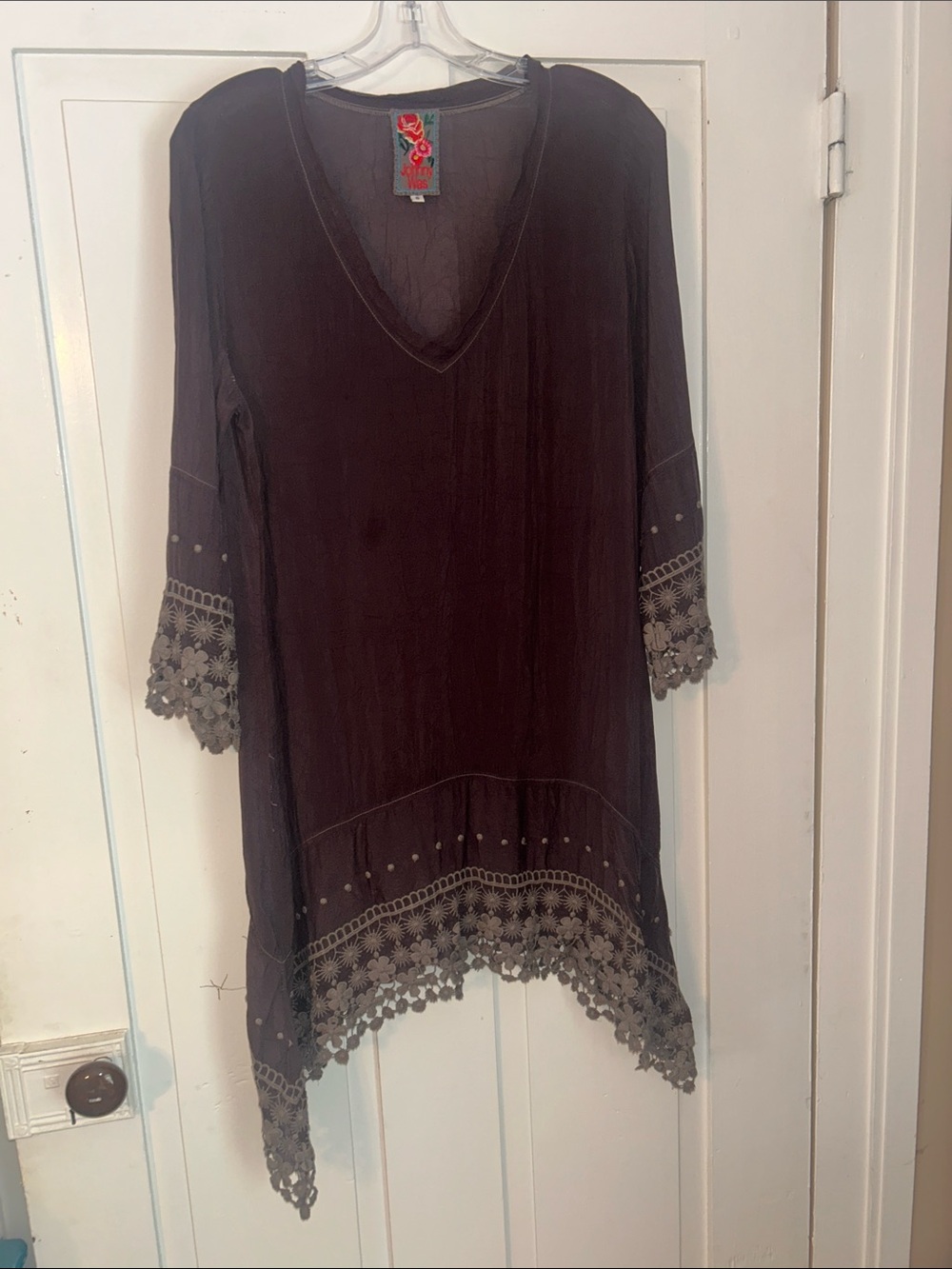 Johnny Was Chocolate Brown Dress S Handkerchief Hem Lace V-Neck Boho Sheer